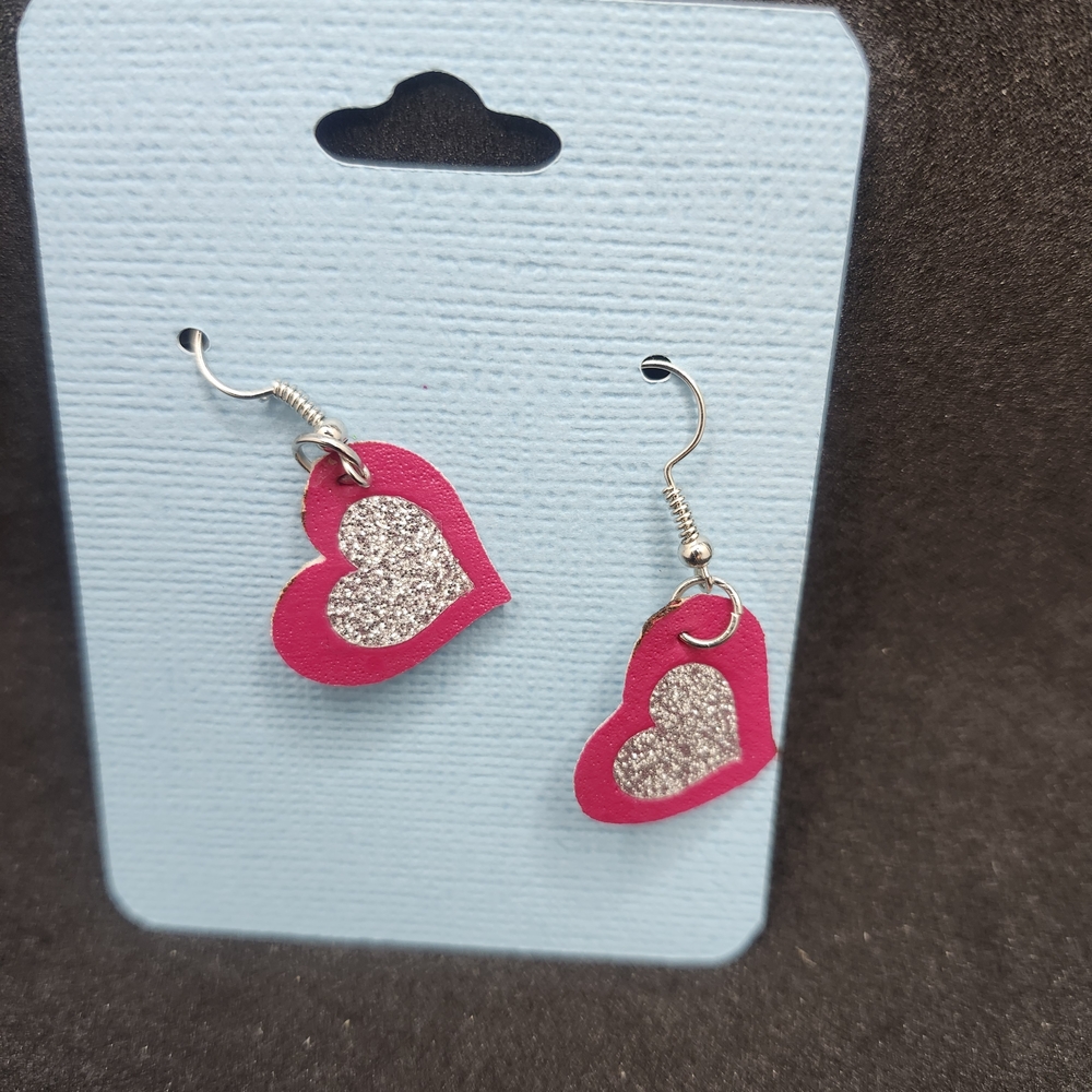 Hand Crafted Red and Silver Heart Earrings Faux Leather
